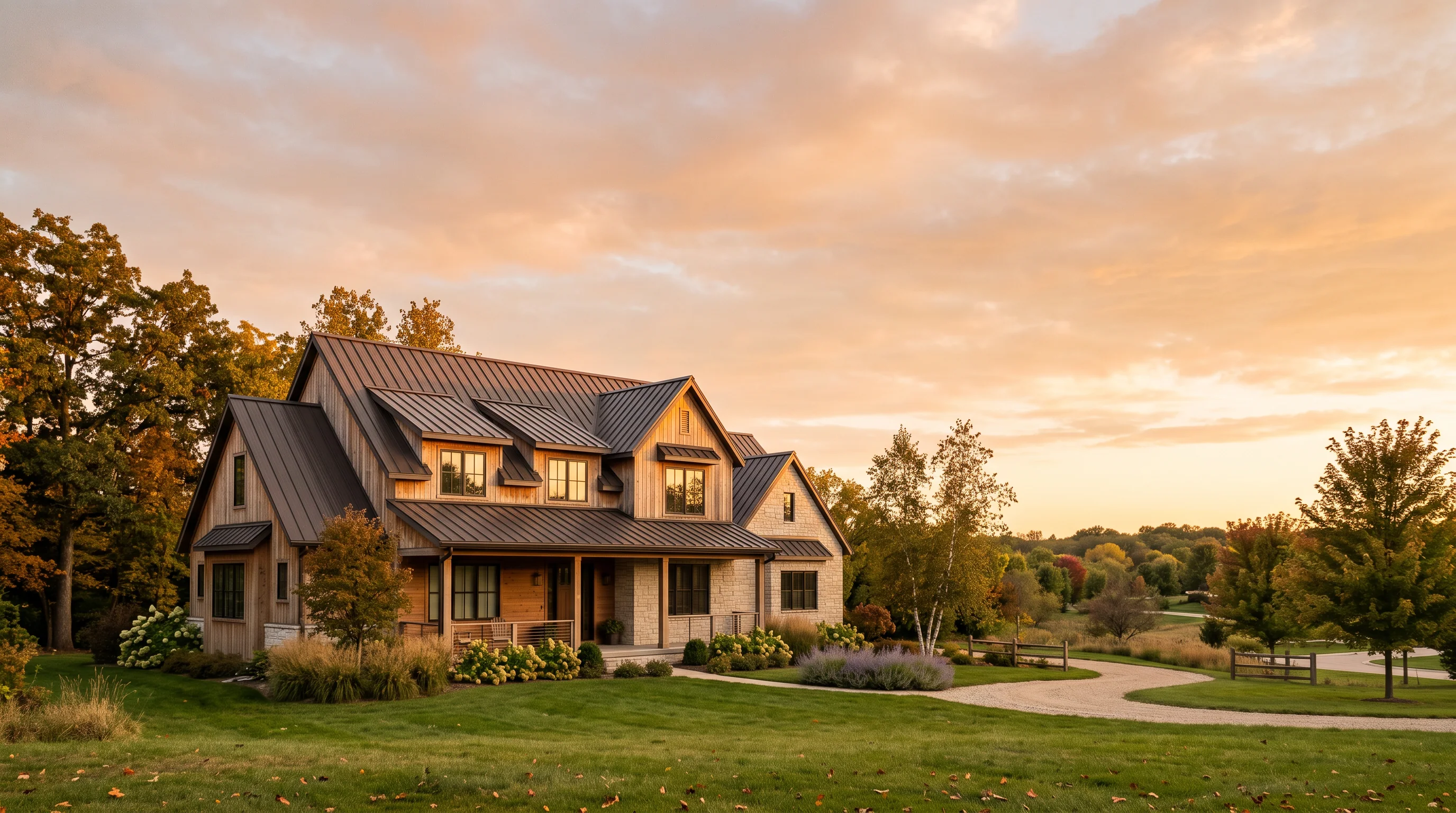 Farmhouse with a standing-seam metal roof at sunset